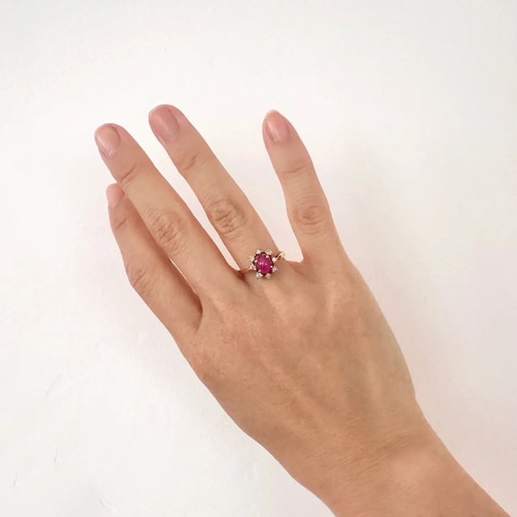 antique cabochon ruby diamond cluster signet ring gold vintage edwardian 5.5 - Picture 5 of 9